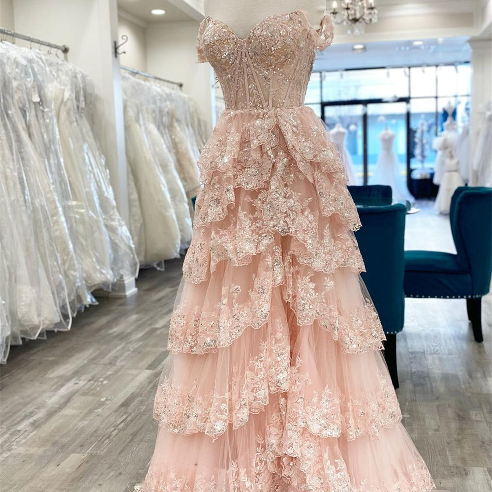 Off the Shoulder Pink Ruffles Long Prom Dress