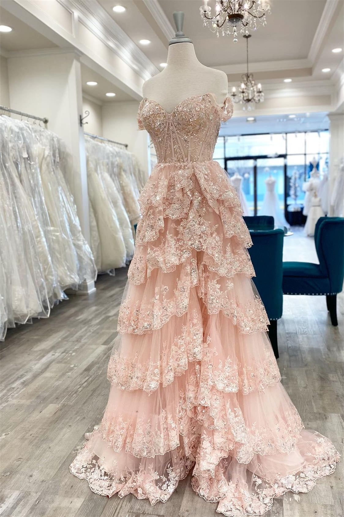 Off the Shoulder Pink Ruffles Long Prom Dress