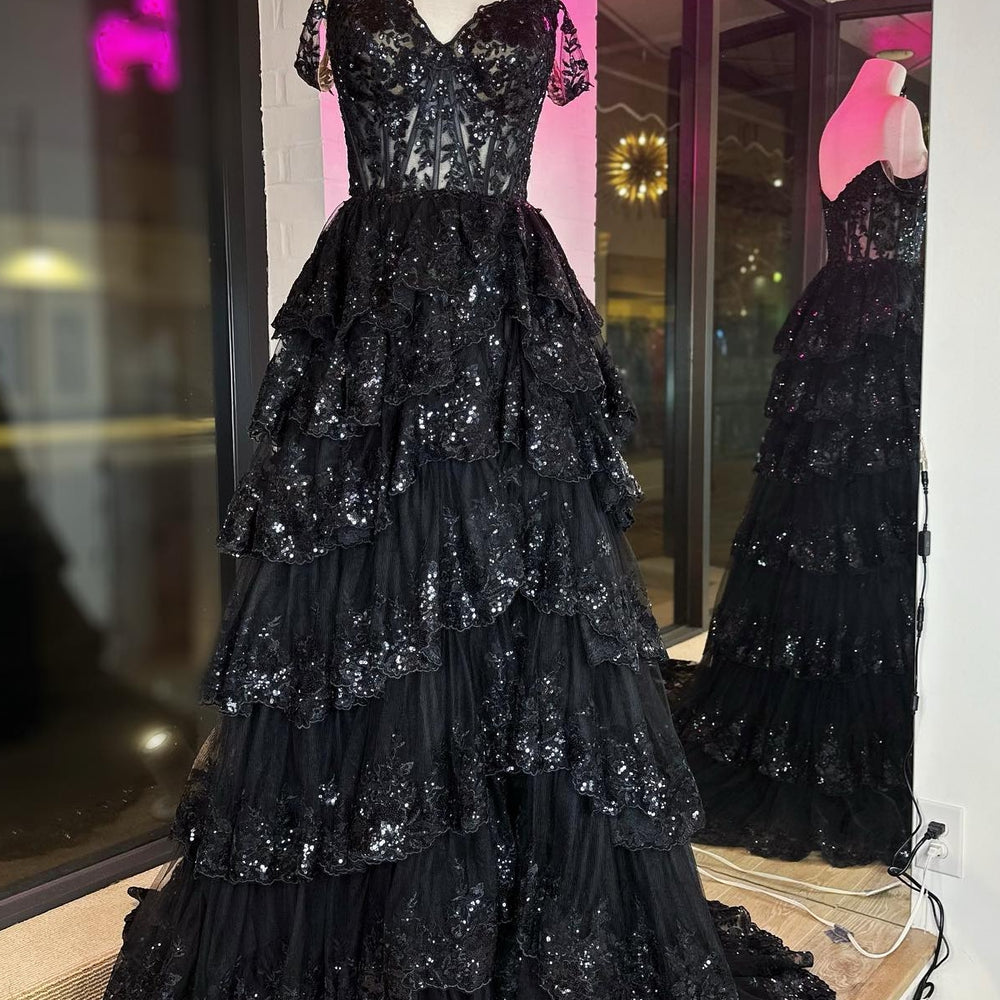 
                      
                        Off the Shoulder Black Ruffles Long Prom Dress
                      
                    