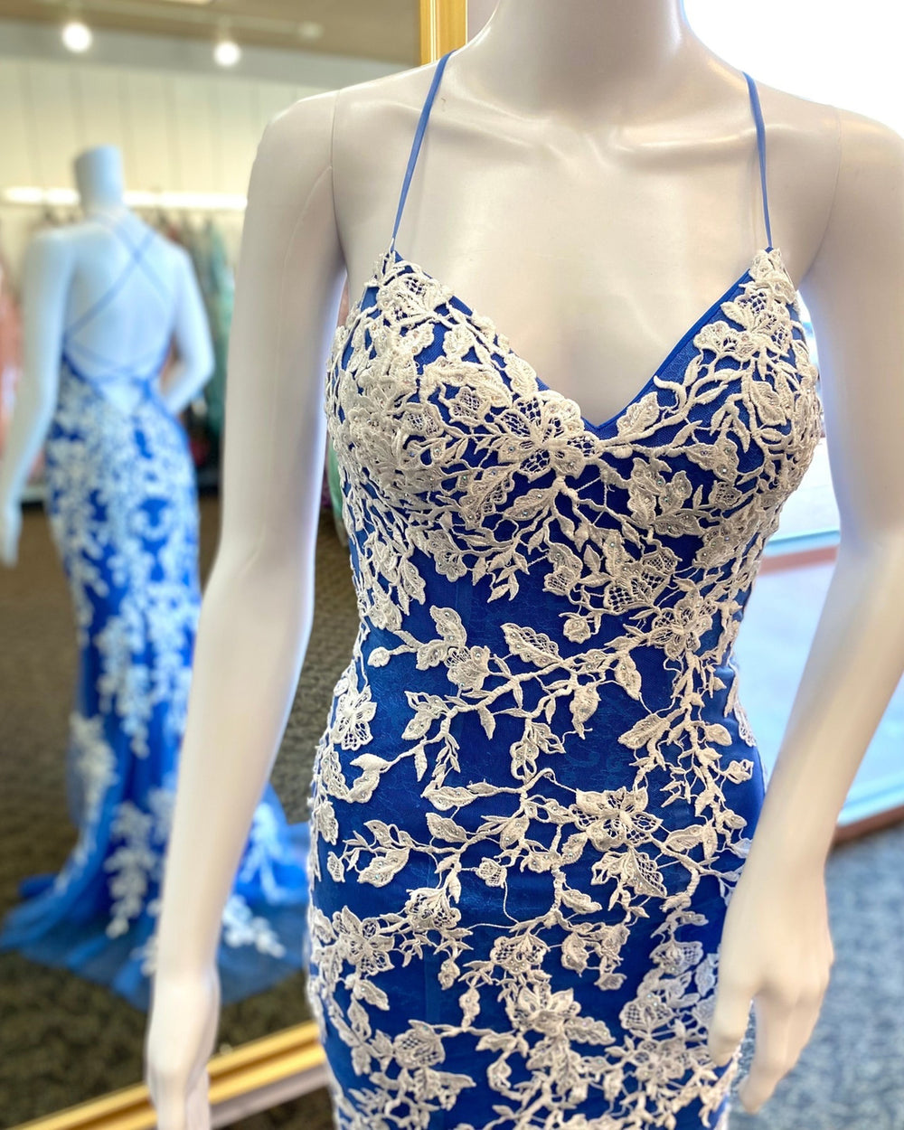 Straps Royal Blue and White Lace Mermaid Formal Dress