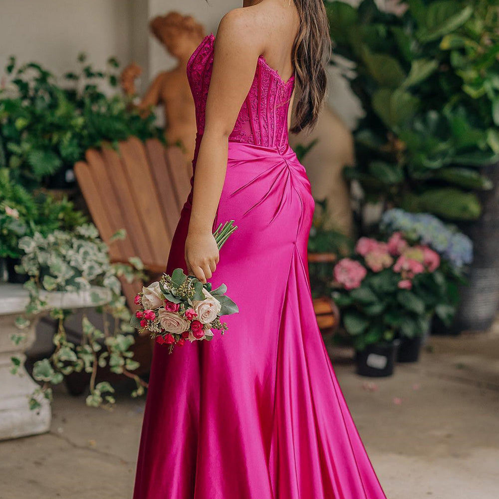 
                      
                        Strapless Fuchsia Lace and Satin Mermaid Dress
                      
                    