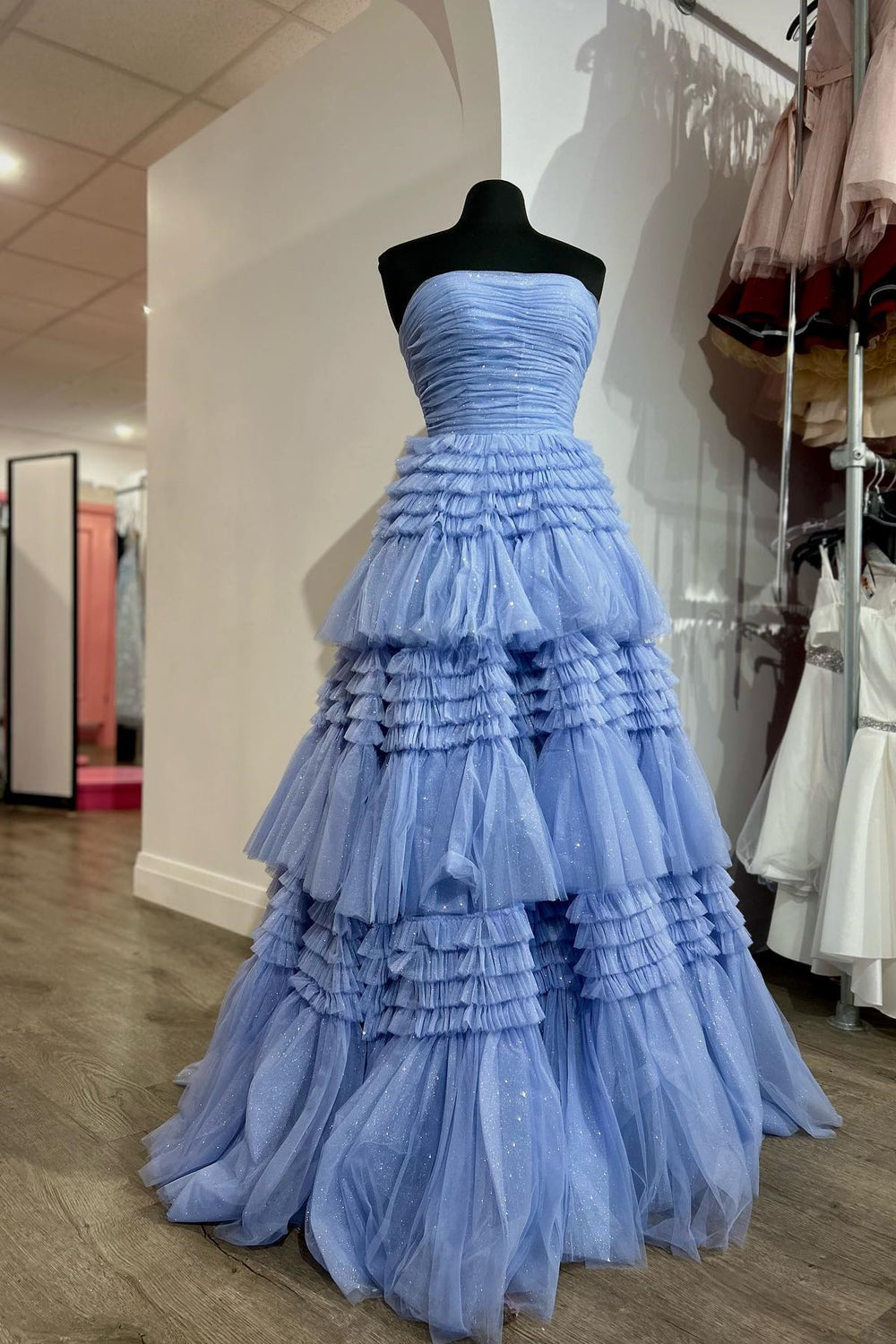 Strapless Periwinkle Tulle Tiered Ruffle Formal Dress