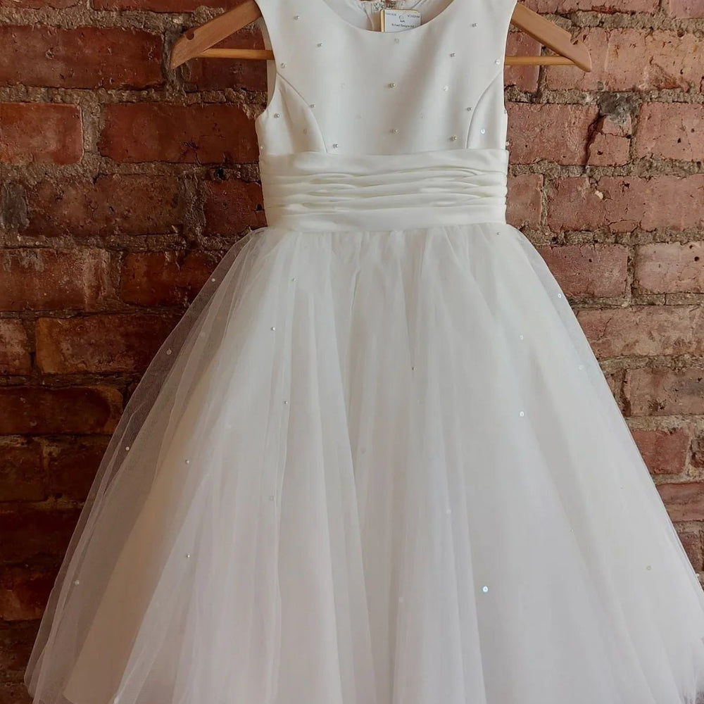 White Jewel Sleeveless Pearl Beaded Long Flower Girl Dress with Bow Sash