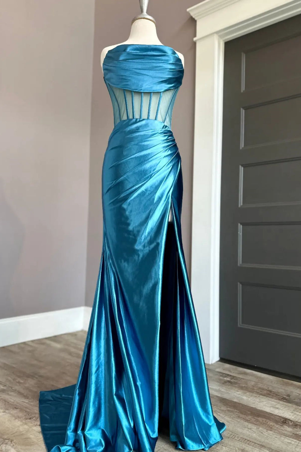 Strapless Blue Cowl Neck Mermaid Formal Dress