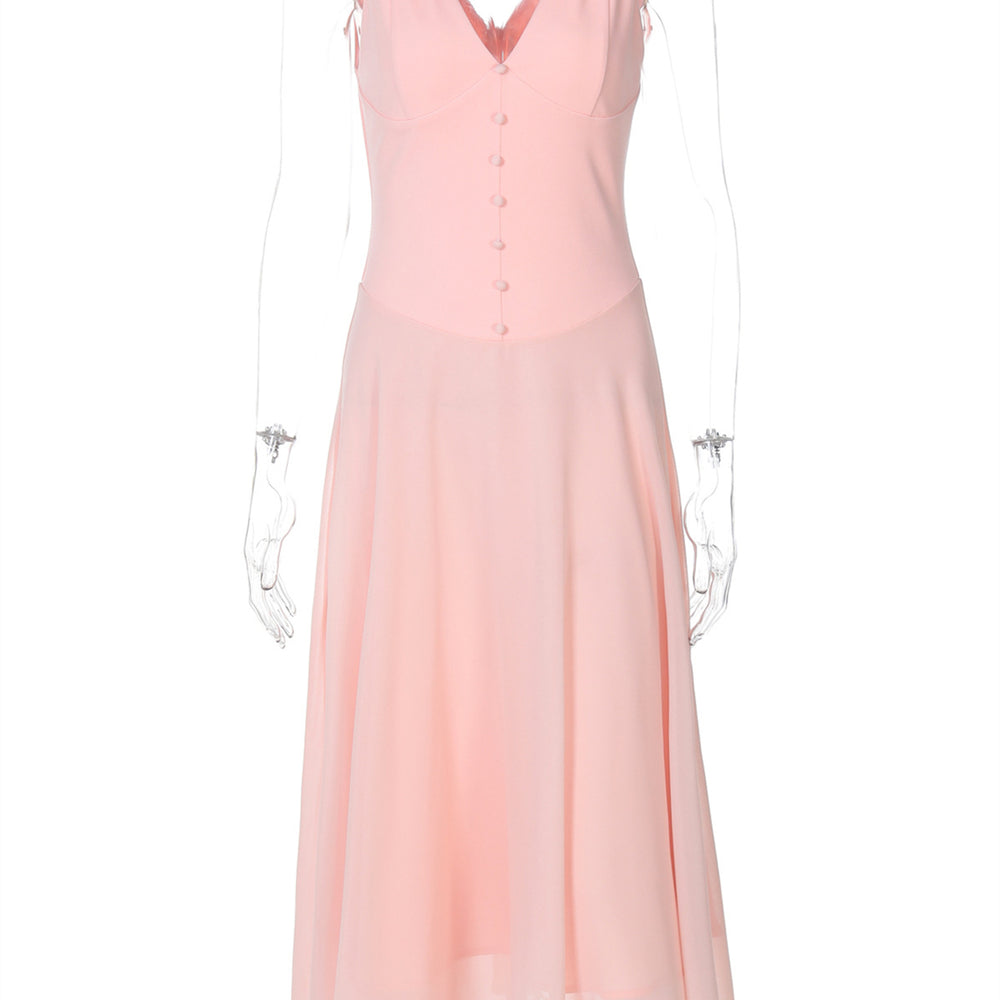 
                      
                        V-neck Blush Pink Button Front A-line Maxi Dress
                      
                    
