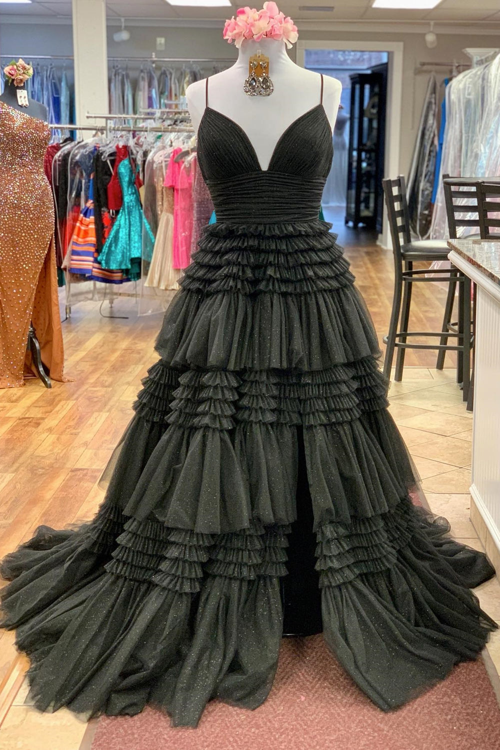 V-neck Black Tulle Tiered Long Formal Dress