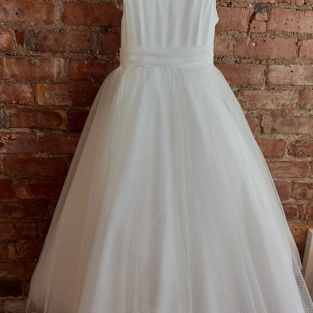 White Illuison Neck Dot Long Flower Girl Dress with Bow Sash
