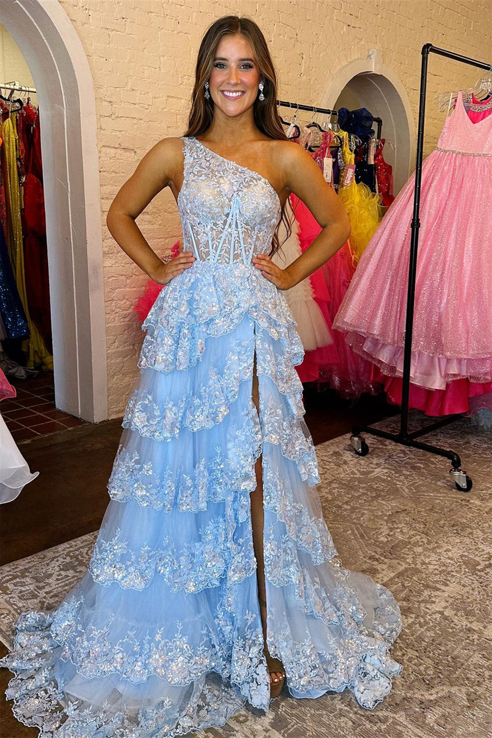 One Shoulder Light Blue Ruffle Long Formal Dress