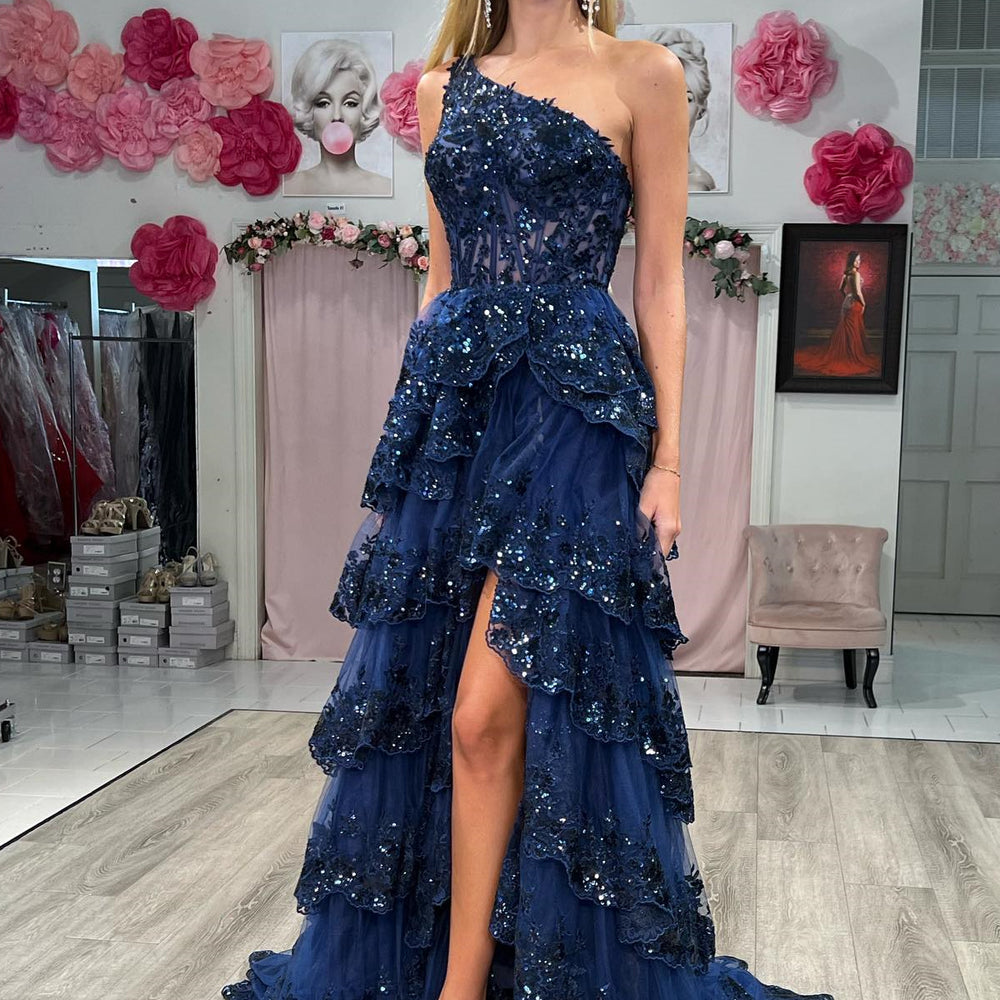 
                      
                        One Shoulder Light Blue Ruffle Long Formal Dress
                      
                    