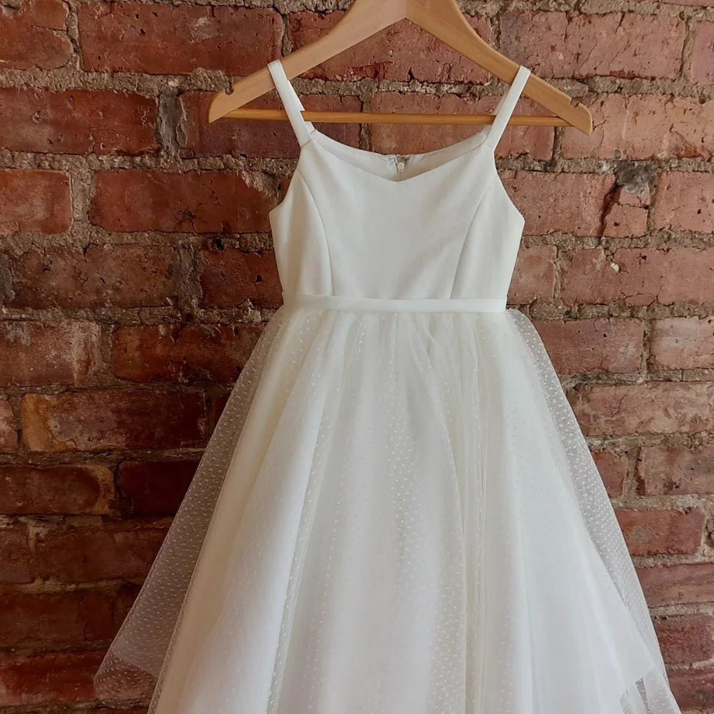 White Straps Dot Long Flower Girl Dress with Sash