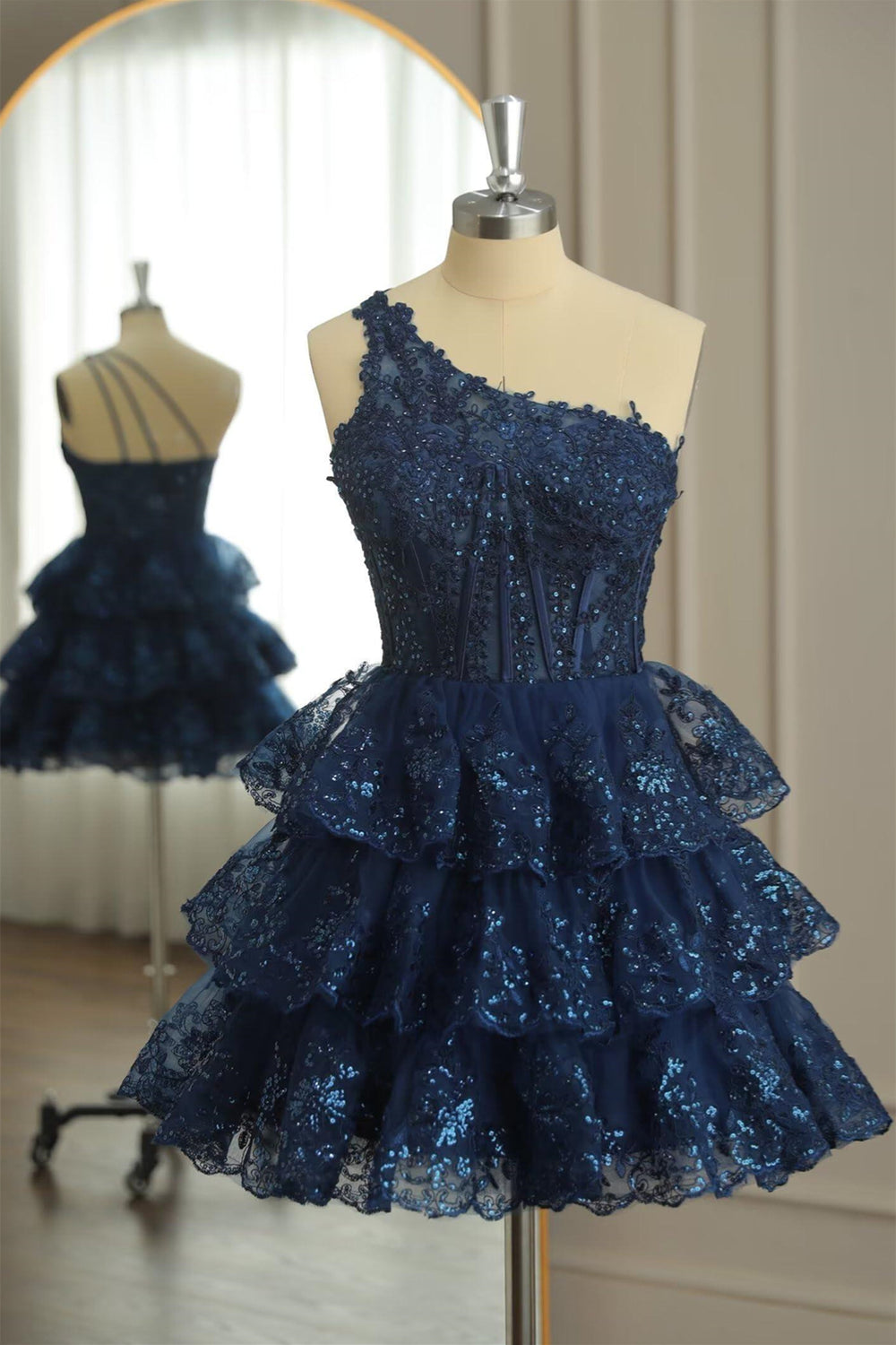 One Shoulder Navy Blue Appliques Ruffle Short Dress