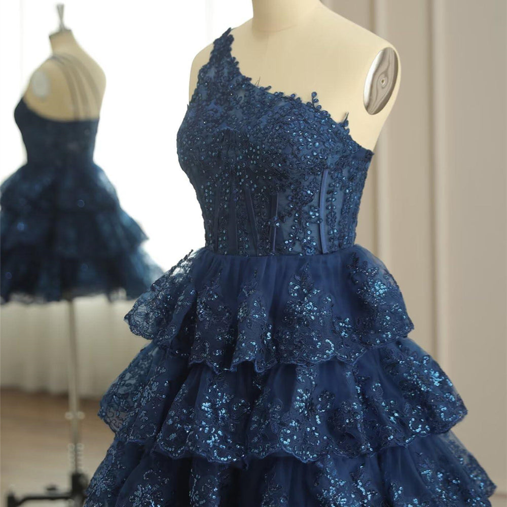 
                      
                        One Shoulder Navy Blue Appliques Ruffle Short Dress
                      
                    