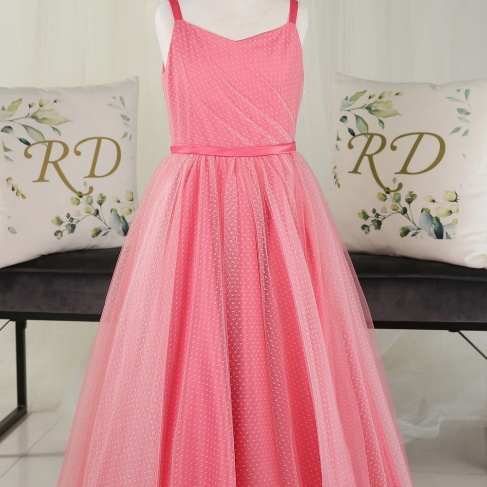 Hot Pink Straps Dot Pleated Tulle Long Flower Girl Dress