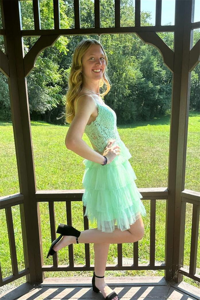 
                      
                        Mint Green Appliques Tulle Ruffle Short Dress
                      
                    