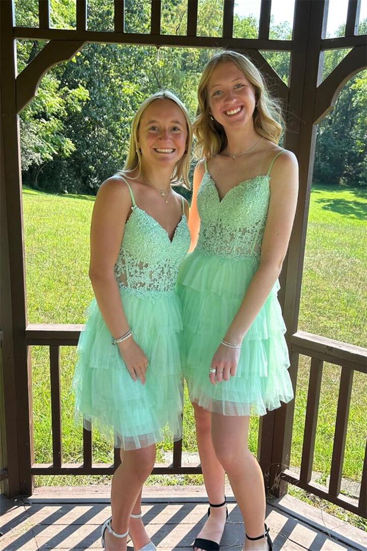 Mint Green Appliques Tulle Ruffle Short Dress