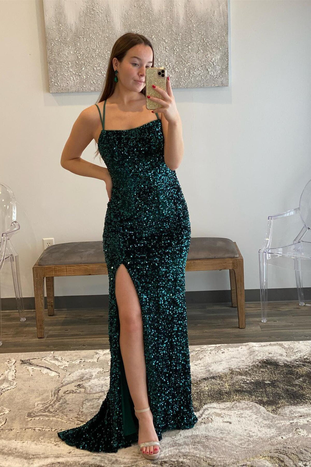 Dark Green Sequin Mermaid Long Prom Dress