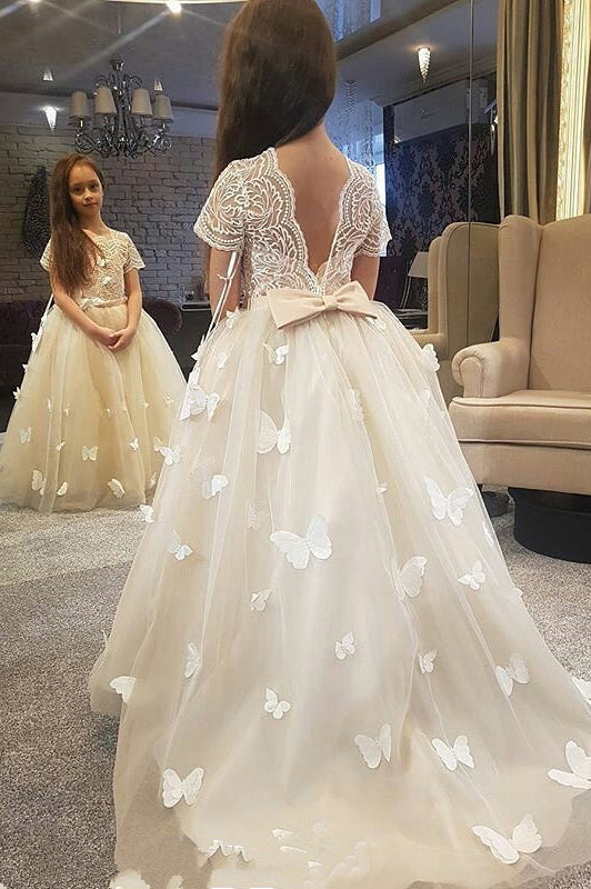 Short Sleeves Ivory Flower Girl Dress with Butterfly Appliques