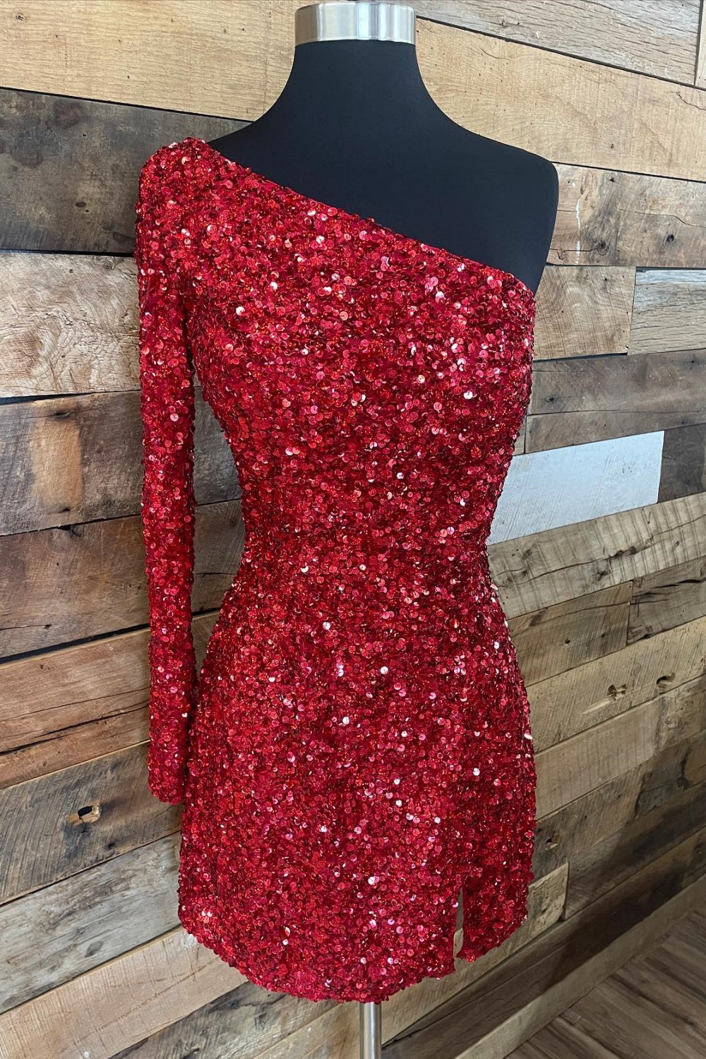 One Shoulder Long Sleeve Red Sequin Short Dress