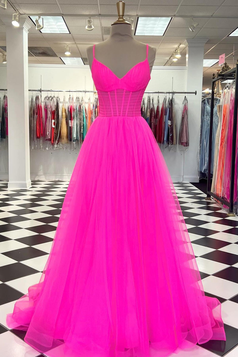 Neon Pink Tulle Sheer Corset A-line Prom Dress