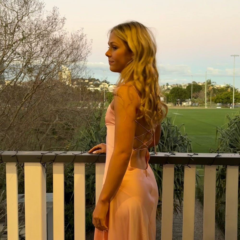 
                      
                        Double Straps Peach Ruched Long Dress with Slit
                      
                    