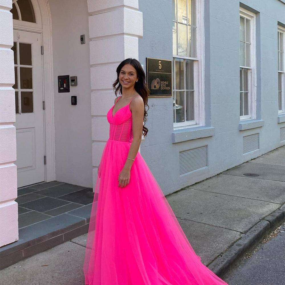 
                      
                        Neon Pink Tulle Sheer Corset A-line Prom Dress
                      
                    