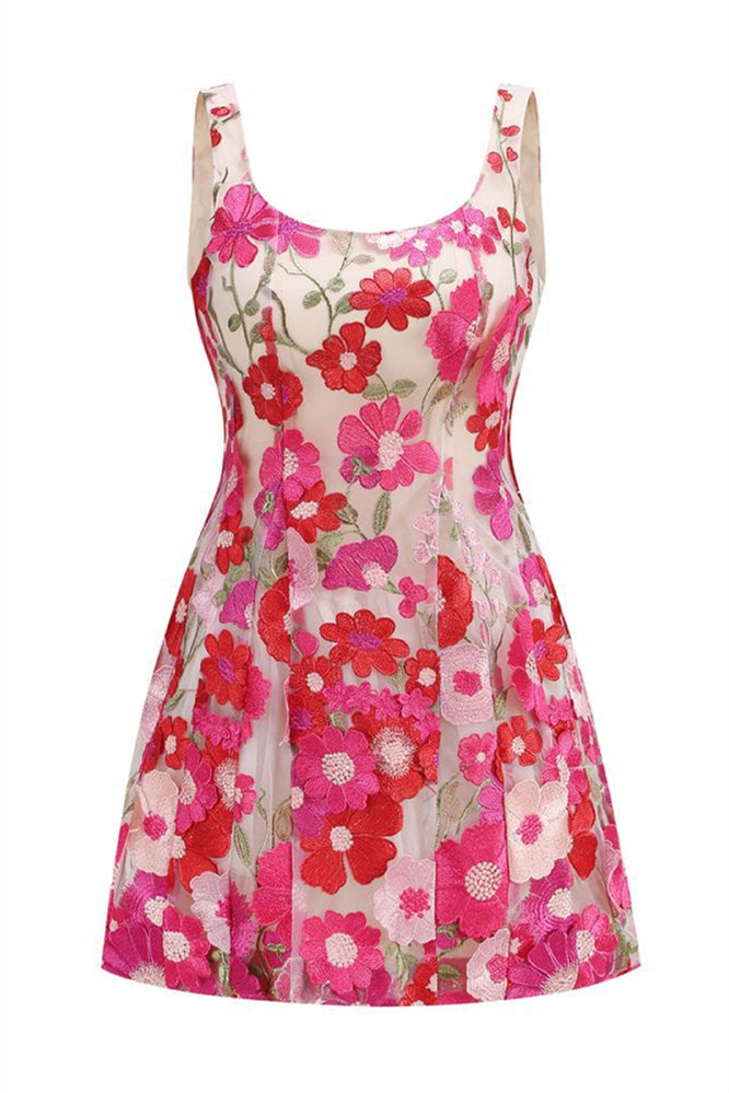 3D Floral Embroidery Pleated A-line Short Dress