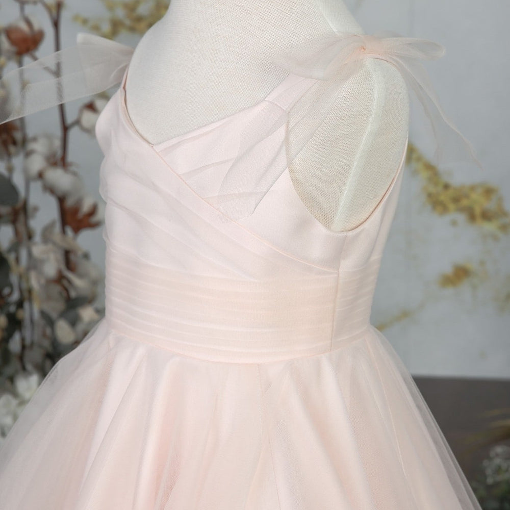 
                      
                        Pink Bow Tie Shoulder Pleated Tulle Long Flower Girl Dress
                      
                    