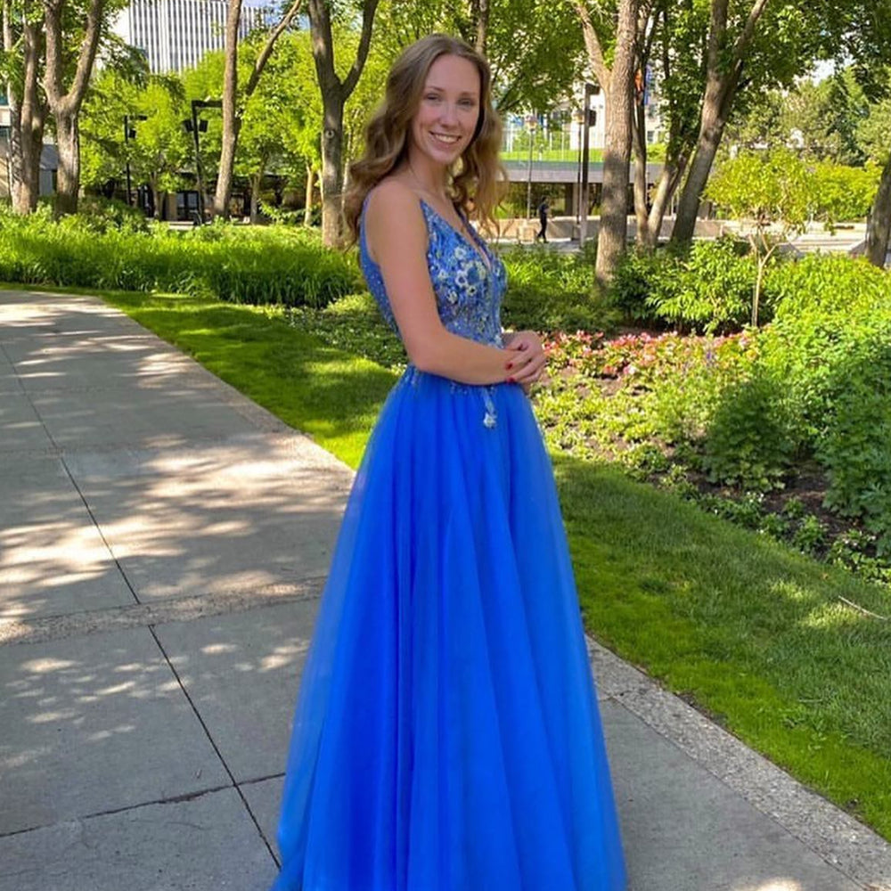 
                      
                        Plunge Blue Floral Embroidery Tulle Long Prom Dress
                      
                    