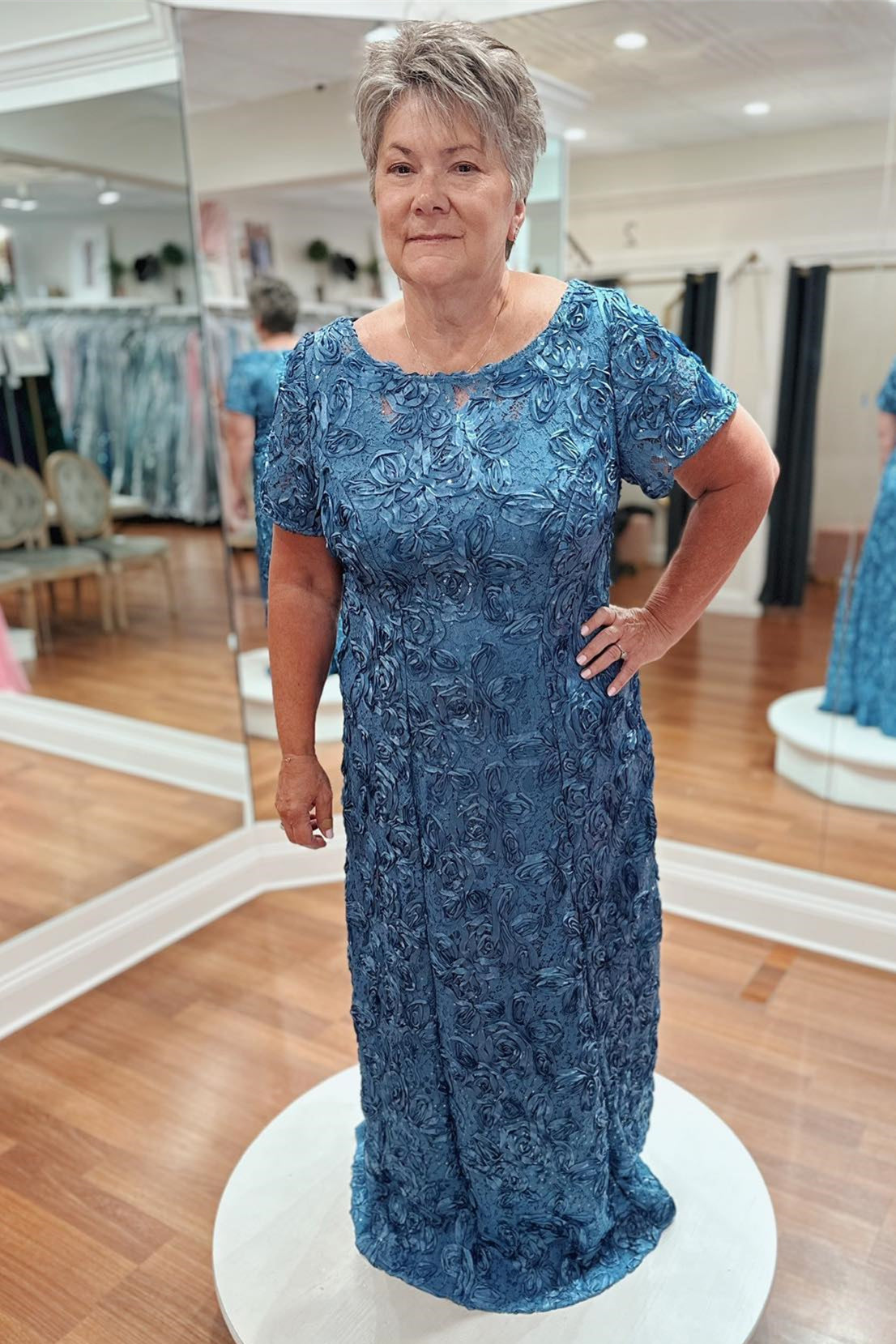 Steel Blue 3D Rose Appliques Long Mother of Bride Dress PollyBoutique Steel Blue 3D Rose Appliques Long Mother of Bride Dress PollyBoutique