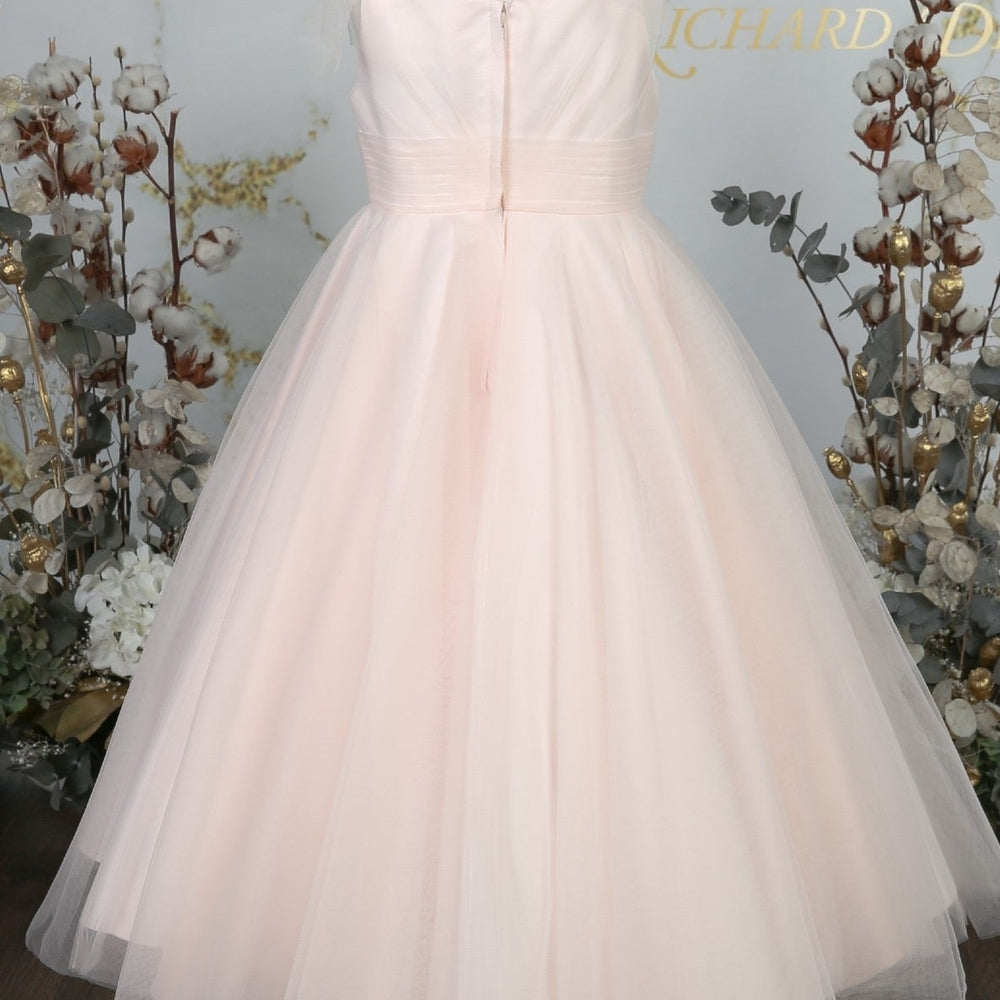 
                      
                        Pink Bow Tie Shoulder Pleated Tulle Long Flower Girl Dress
                      
                    