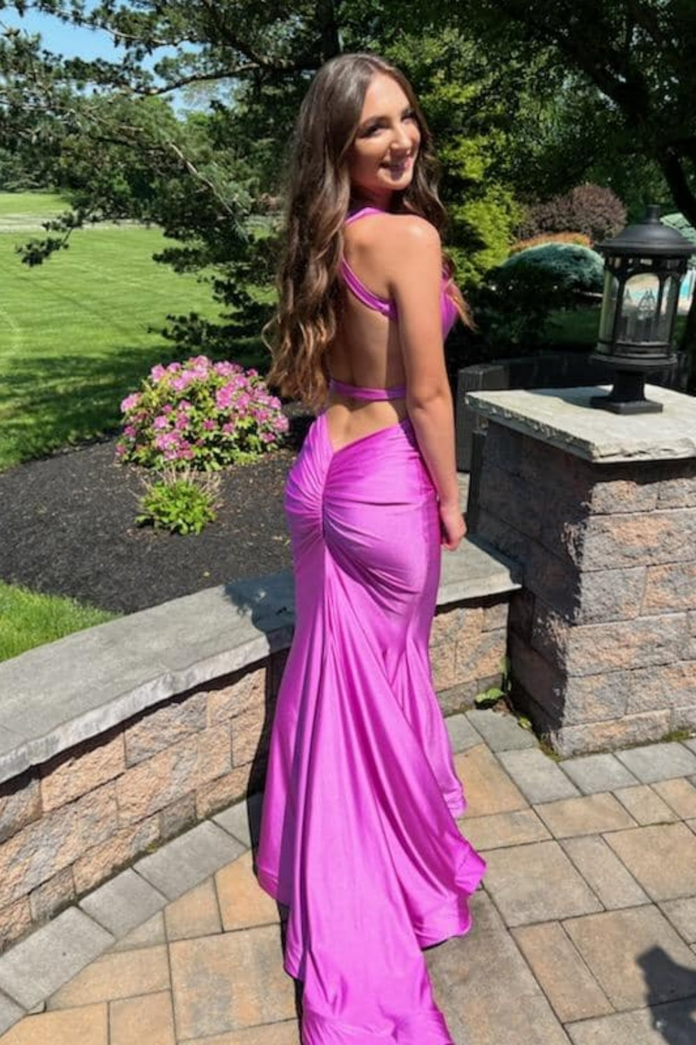 V-neck Blue Open Back Ruched Mermaid Long Dress PollyBoutique V-neck Blue Open Back Ruched Mermaid Long Dress PollyBoutique