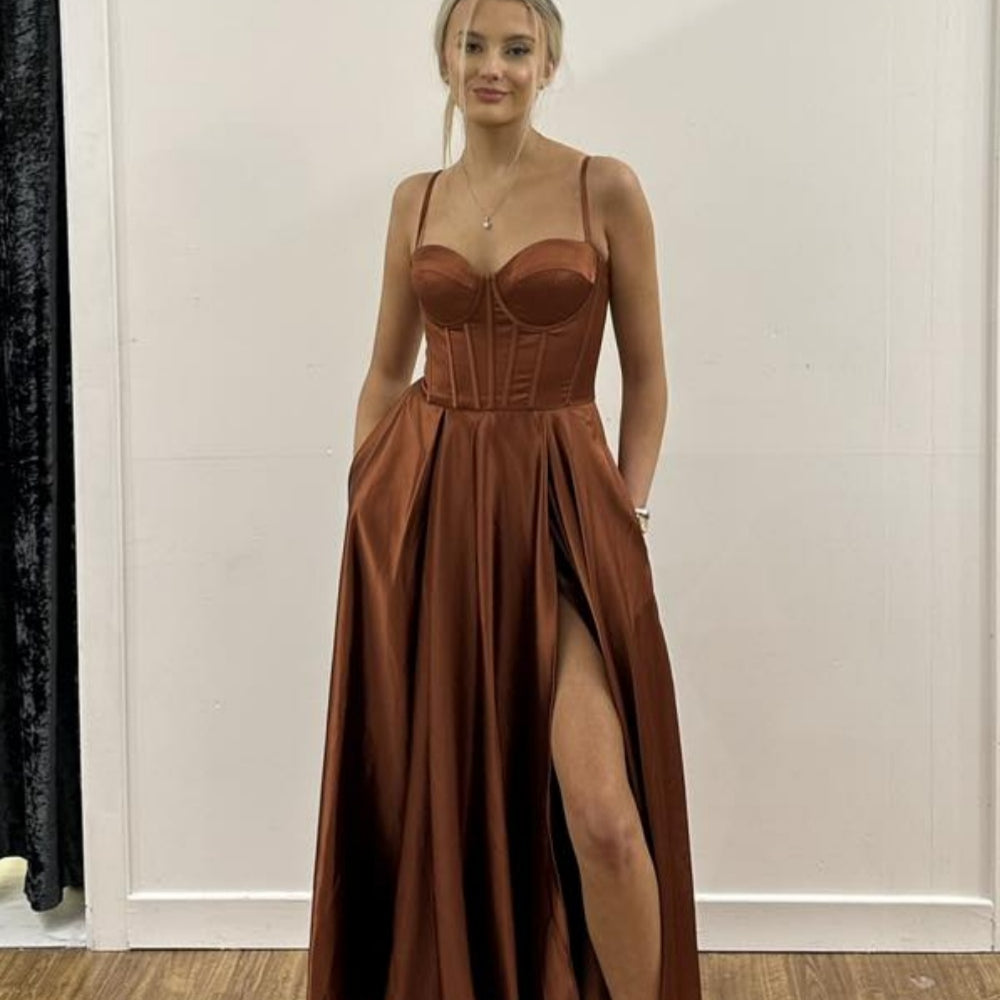 
                      
                        Straps Navy Blue Satin A-line Long Dress with Slit
                      
                    