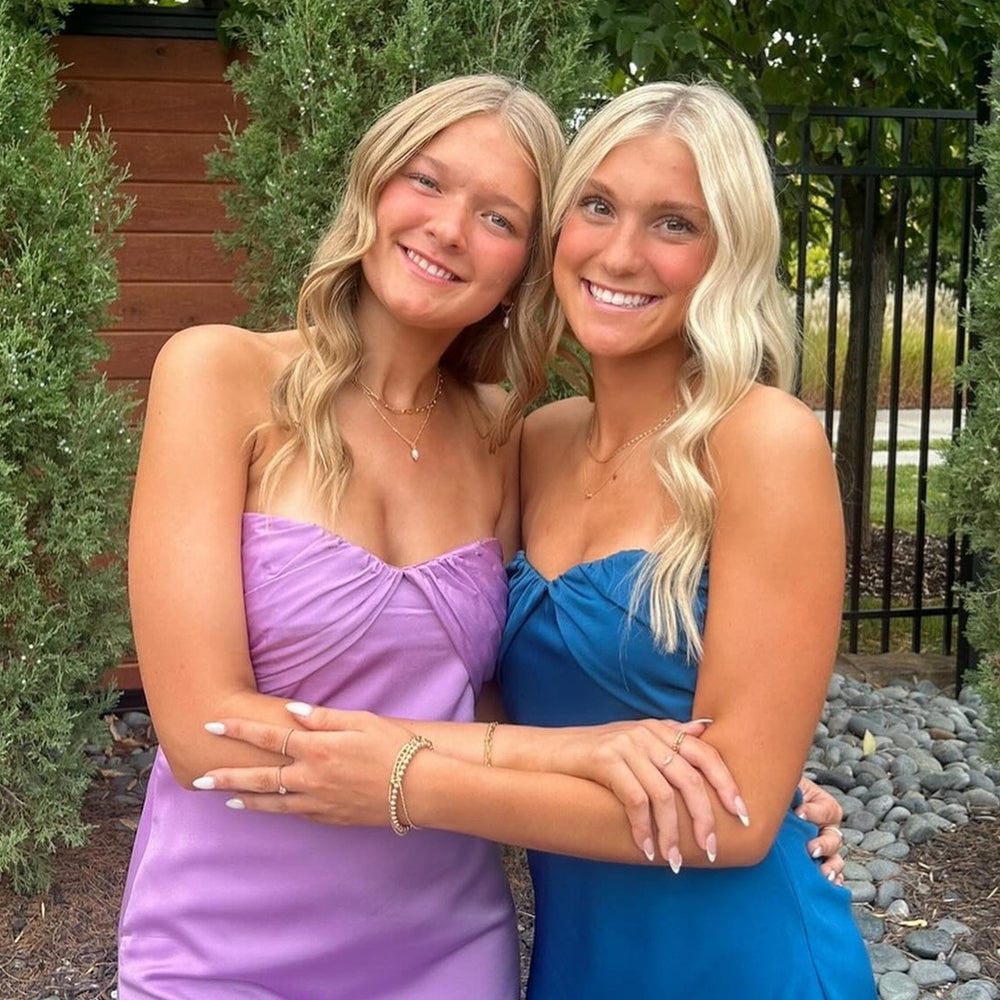 
                      
                        Strapless Purple Satin Short Dress with Slits
                      
                    