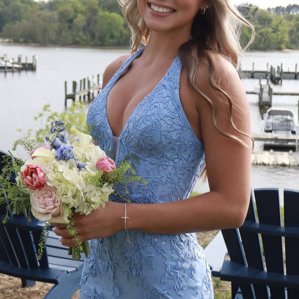 
                      
                        Halter Pink Appliques Mermaid Long Dress with Slit
                      
                    