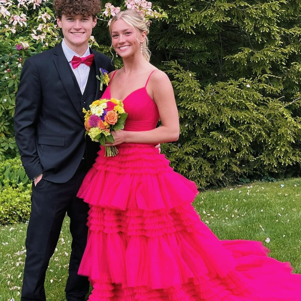 
                      
                        V-neck Black Tulle Tiered Long Formal Dress
                      
                    