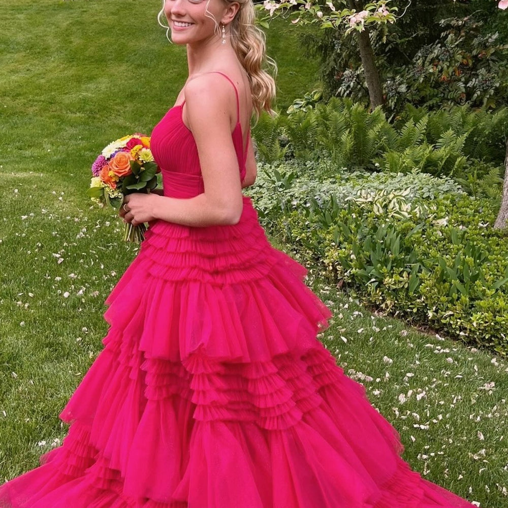 
                      
                        V-neck Black Tulle Tiered Long Formal Dress
                      
                    