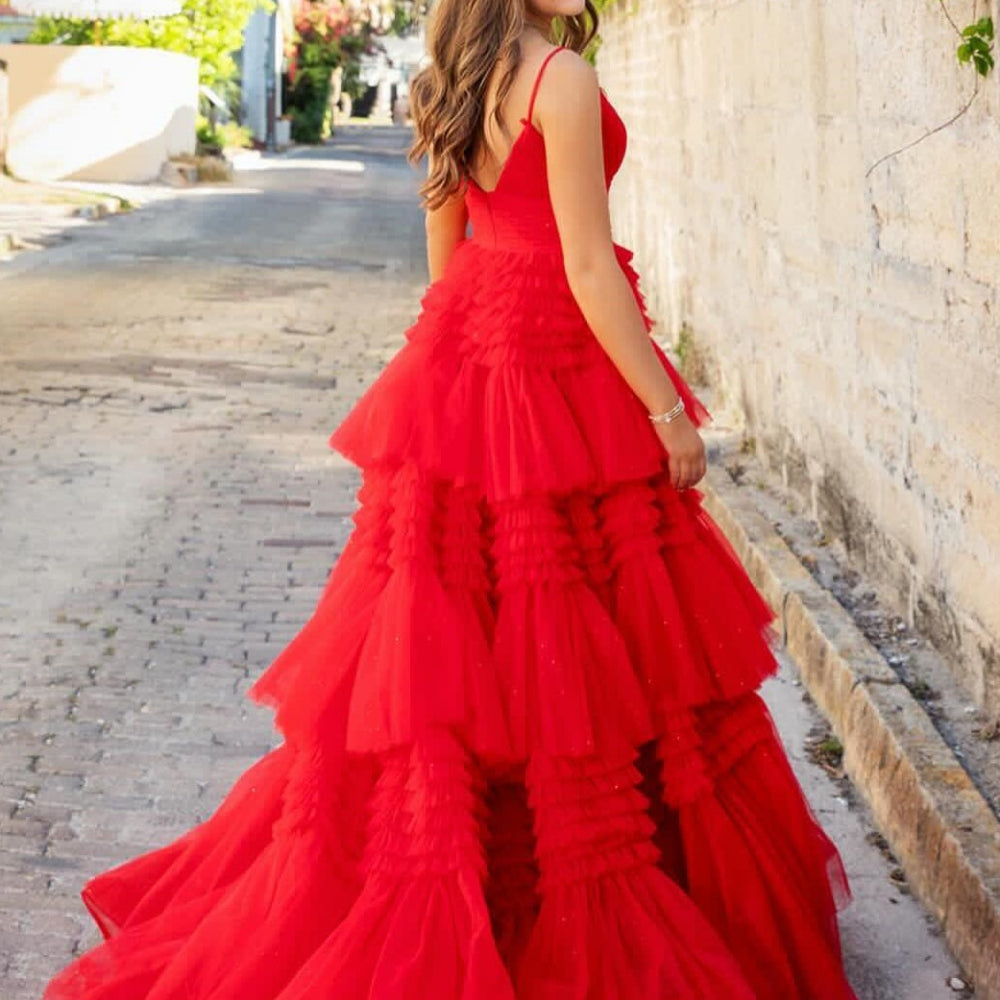 
                      
                        V-neck Black Tulle Tiered Long Formal Dress
                      
                    