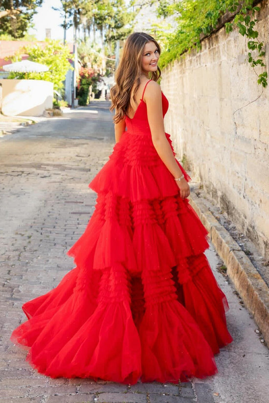 Pink V Neck Straps A-Line Tulle Tiered Long Prom Dress Formal Party Dress, DP4672
