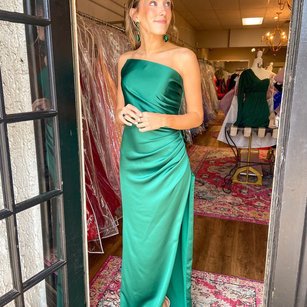 
                      
                        Strapless Green Ruched Long Dress with Slit
                      
                    