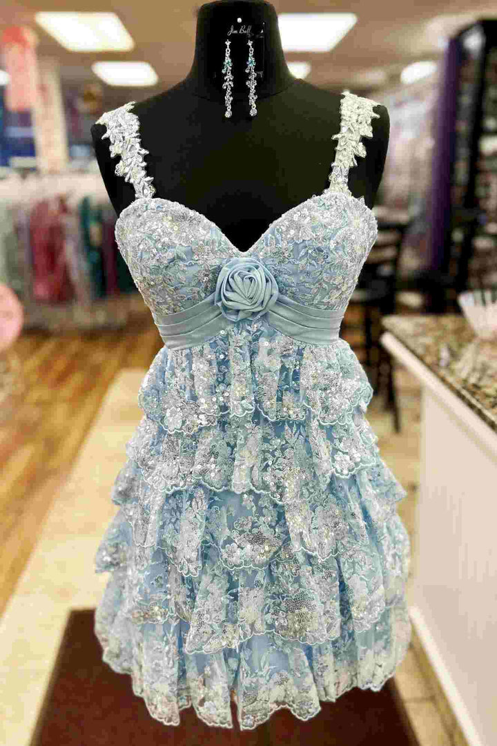 Light Blue Rosette Sequin Tiered Short Dress