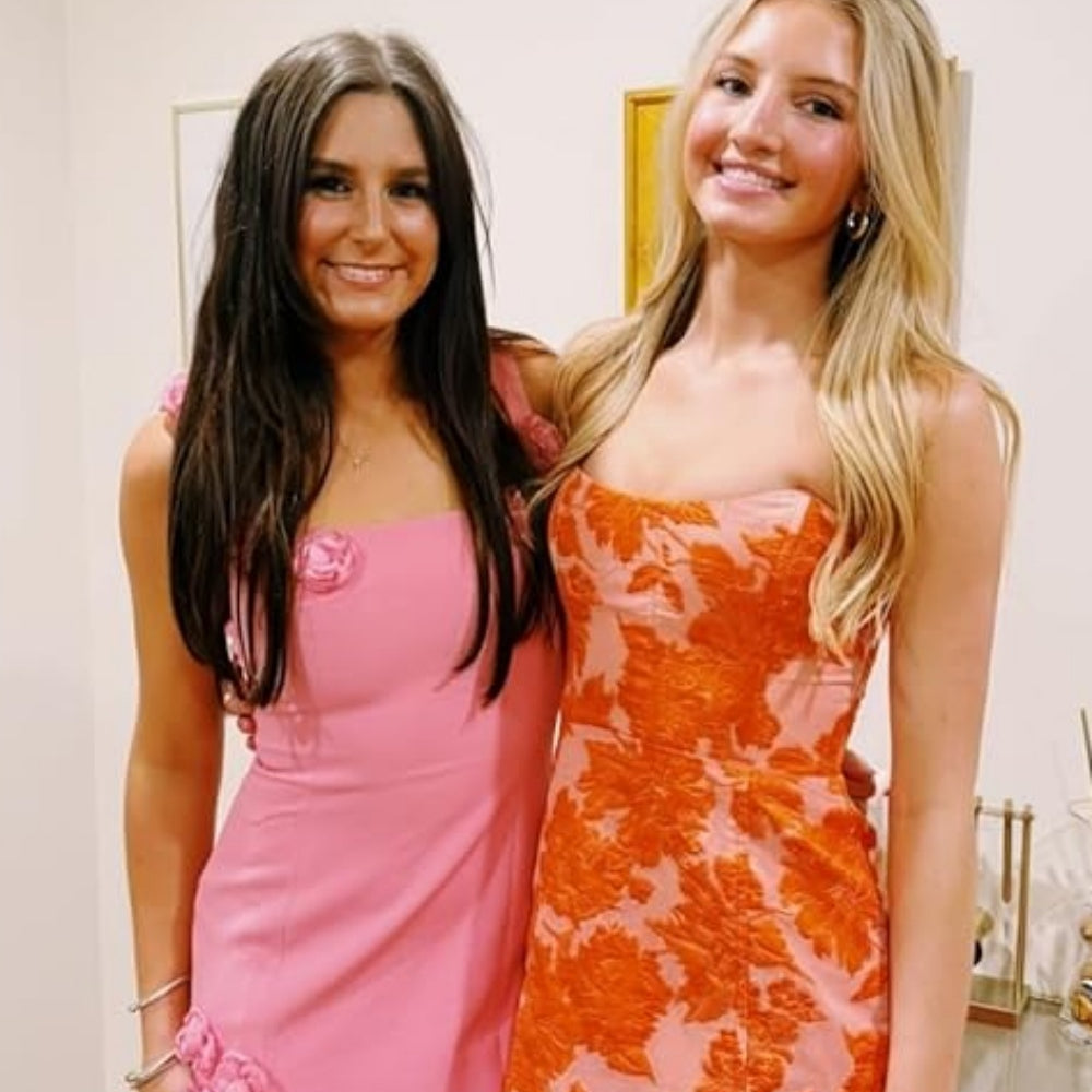 
                      
                        Strapless Pink Jacquard Short Dress with Slit
                      
                    