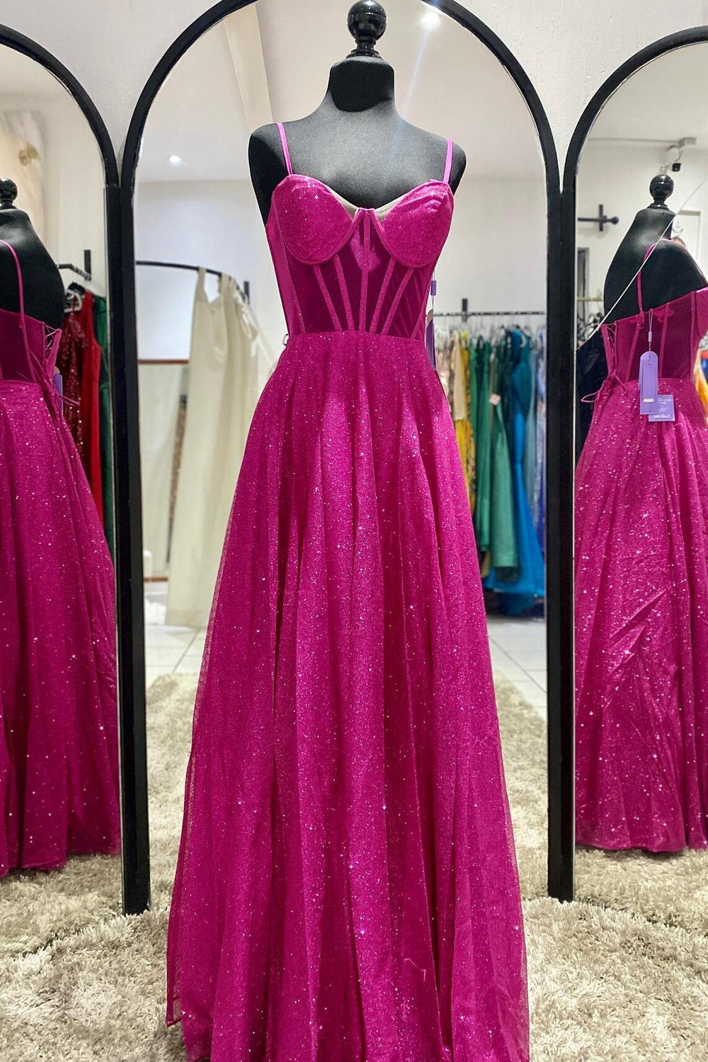 Fuchsia Shiny Tulle Corset Long Party Dress