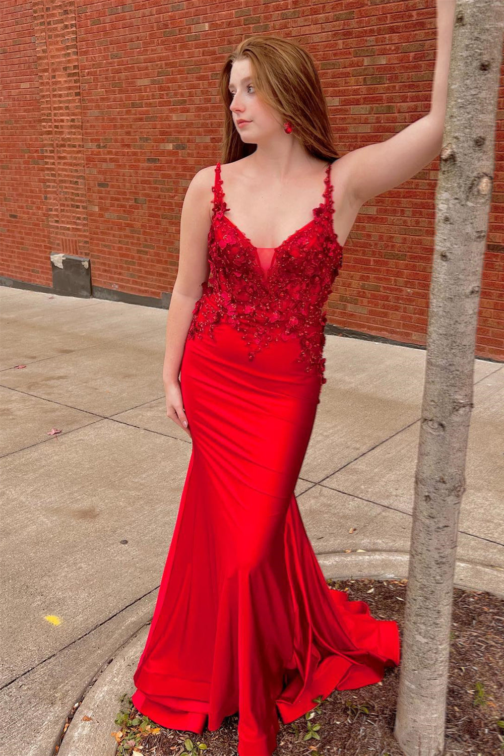 V-neck Red 3D Floral Mermaid Long Prom Dress