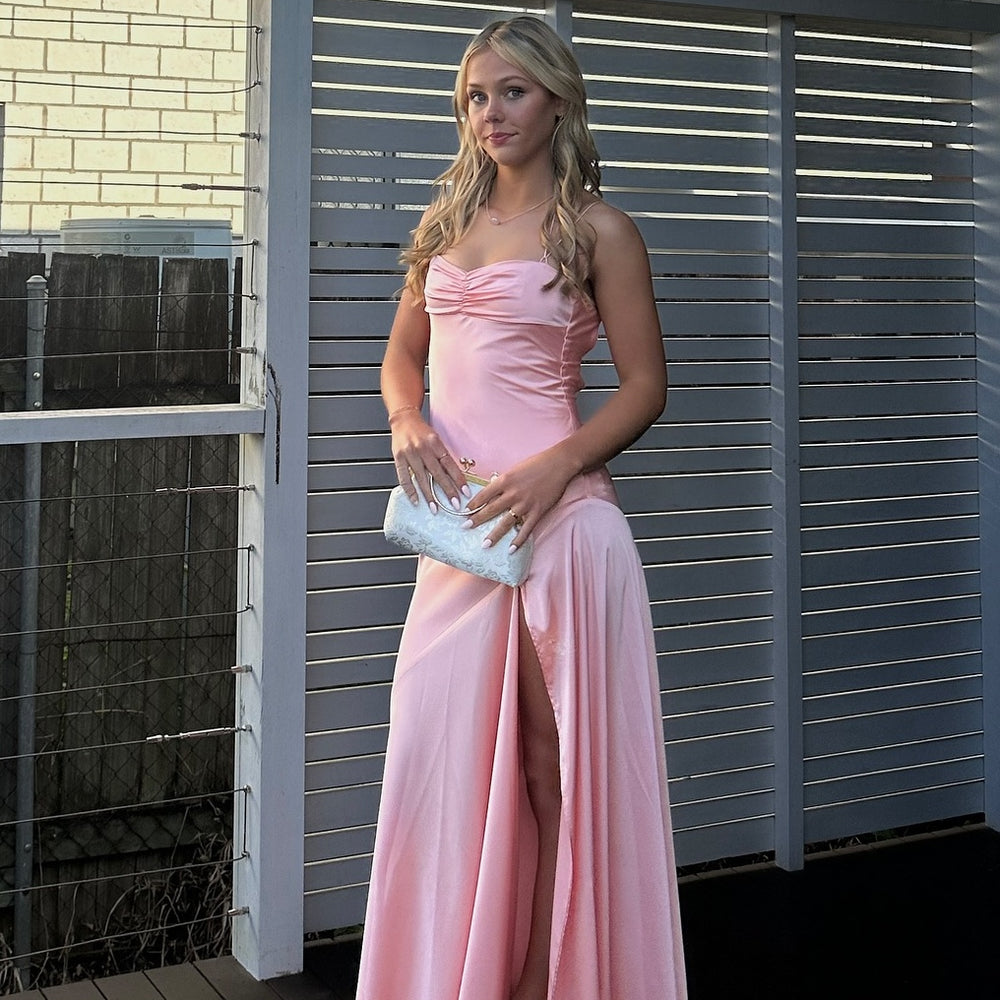 
                      
                        Double Straps Peach Ruched Long Dress with Slit
                      
                    