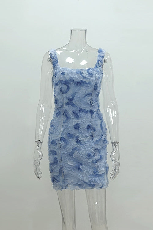 
                      
                        Square Neck Blue 3D Floral Sheath Short Dress
                      
                    