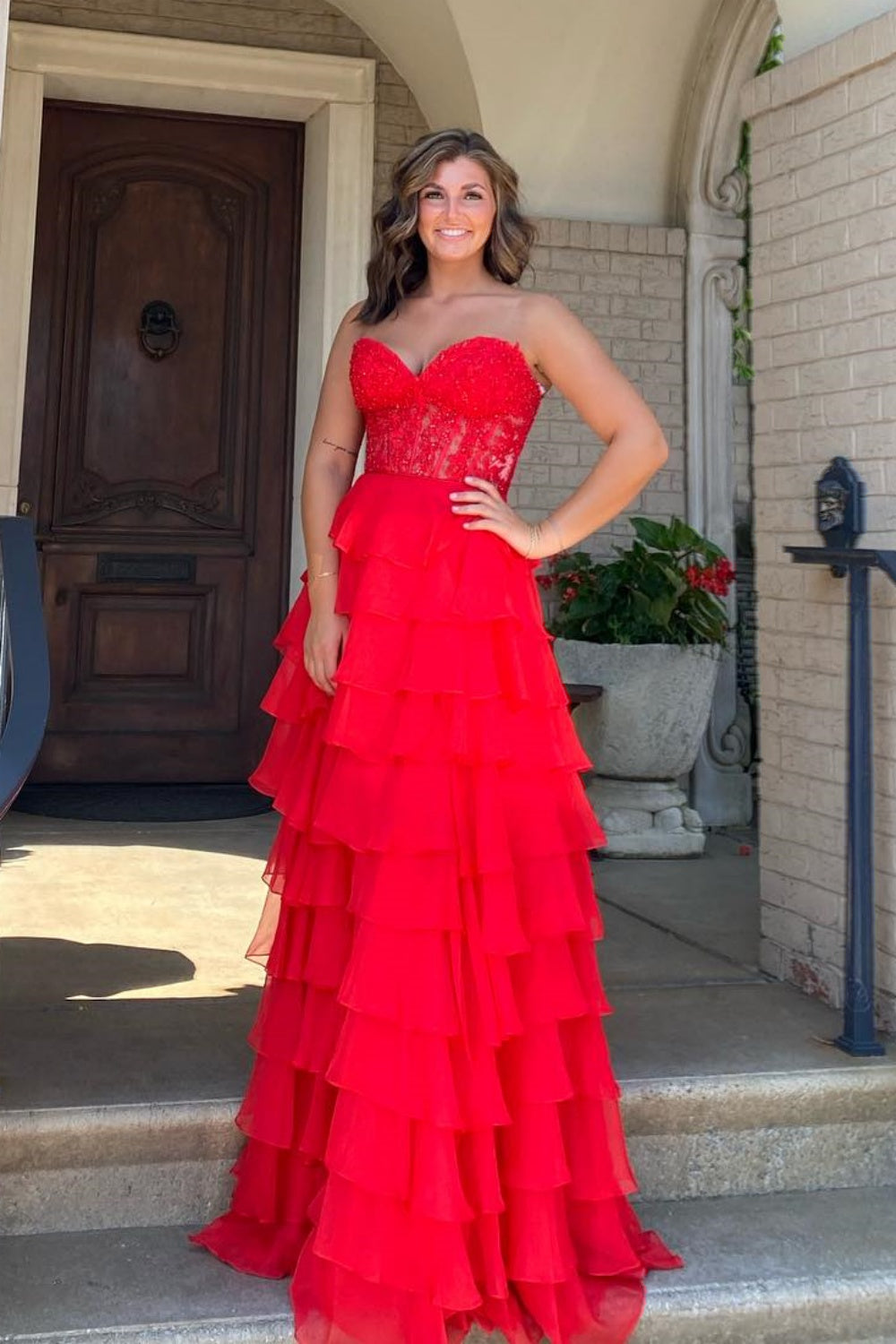 Sweetheart Lace and Chiffon Ruffle Long Prom Dress – PollyBoutique