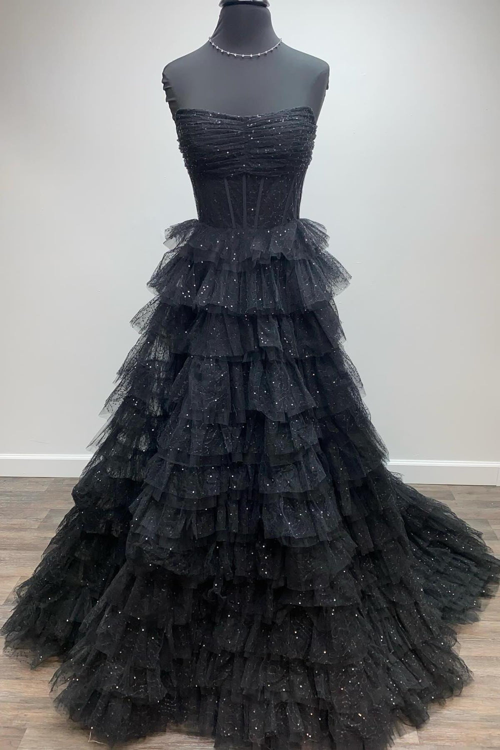 Ruched Black Tulle Tiered Long Formal Gown