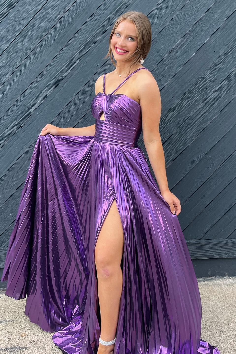 Halter Purple A-line Long Formal Dress with Slit