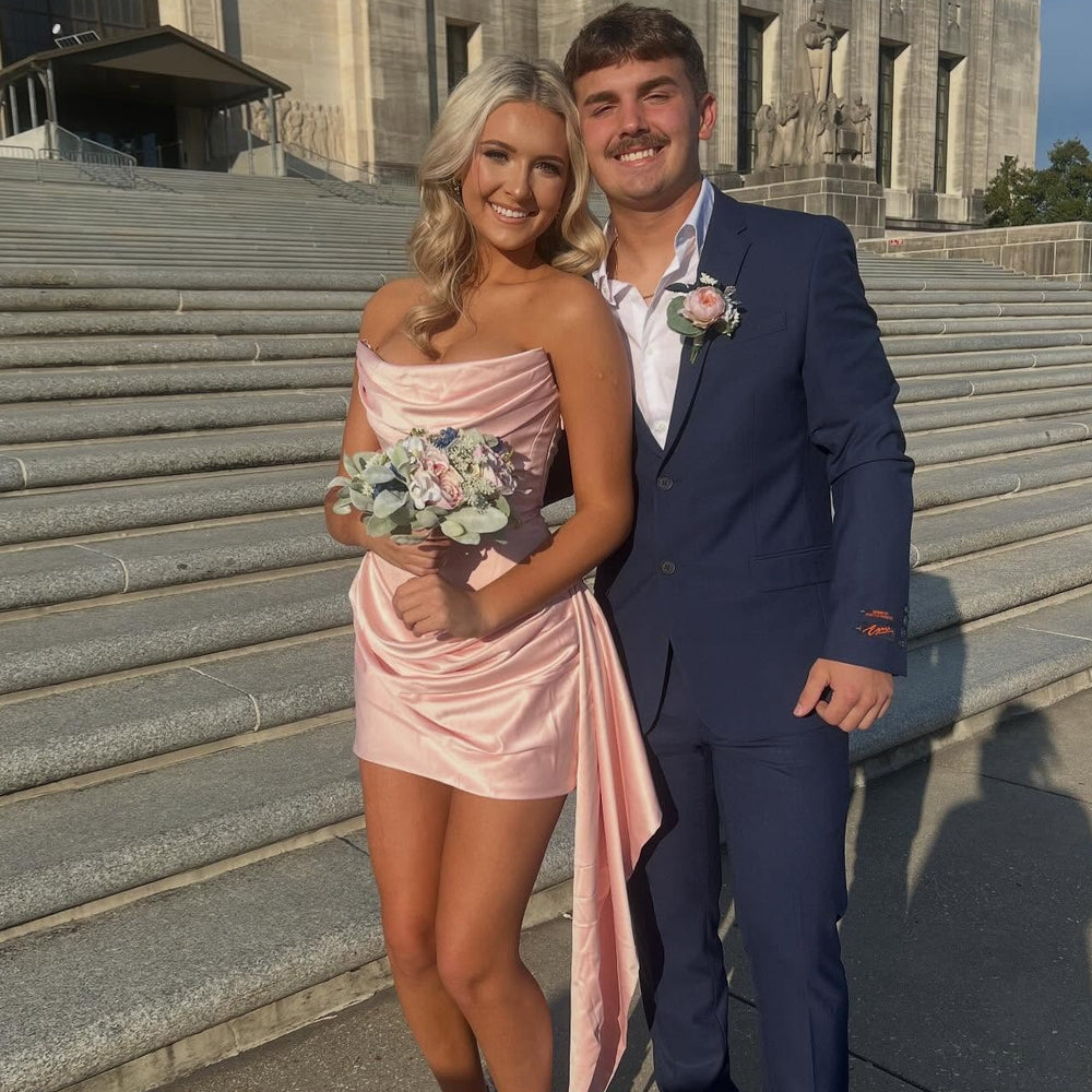 
                      
                        Cowl Neck Light Pink Short Dress with Side Train
                      
                    