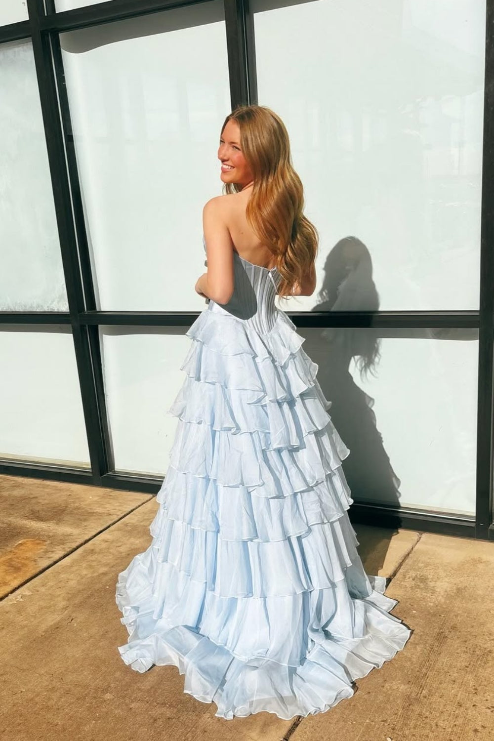 Appliques Neck Ice Blue Tiered Long Dress with Slit PollyBoutique Appliques Neck Ice Blue Tiered Long Dress with Slit PollyBoutique